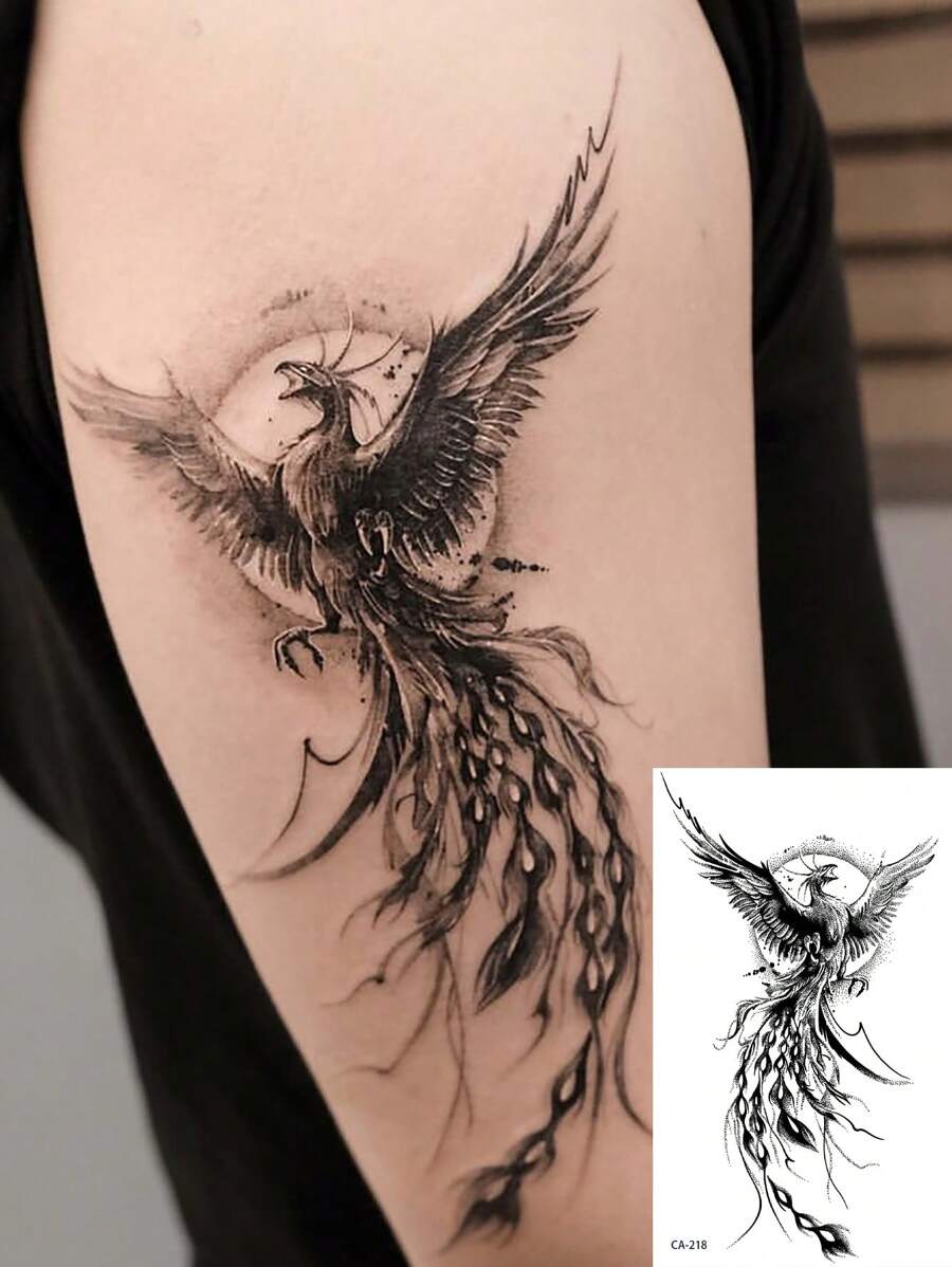 1 件防水临时纹身贴纸,凤凰与旭日,时尚领袖的酷炫纹身 - 黑色 - 查看 1