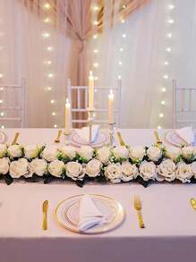 2Pcs Wedding Dining Table Flower Centerpiece Arch Silk Rose Floral Arrangement Table Runner Decorations Royal Blue&White Artificial Rose Floral For Room Kitchen Reception Table Decor Party Birthday,Valentine'S Day,Mother'S Day Gift - 白色 - 查看 3