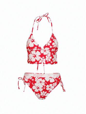 Women's Floral Print Halter Tie Strap Tankini Swimwear Set Summer
