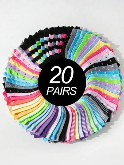 20 Pairs/Set Teenagers Colorful Polka Dots Heart Shaped Bowknot Design Breathable Short Socks, Ideal For Daily Wear, Outdoor Activities, School Dressing, Random Style And Color