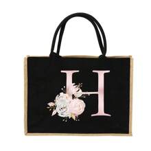 個性化首字母名字 A 到 Z 粉紅色花朵字母海灘粗麻布手提袋伴娘新娘派對女孩旅行禮物手提包黃麻大容量手提購物袋 - 黑色 - 查看 22