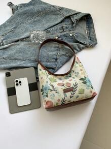 Bolso de mano magnético de punto de color bloque con diseño floral de moda, bolso de hombro simple, bolso de mano portátil, adecuado para el uso diario de las mujeres - Marrón - Ver 5