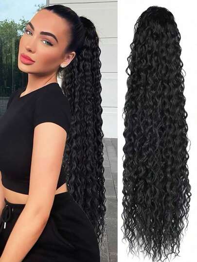 Black Curly Ponytail Hair Extensions 20-30 Inch Synthetic Drawstring Ponytail Heat Resistant Extensions For Women Party Daily Use