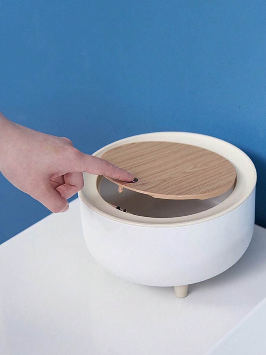 1pc Desktop Trash Can, Round PressType Trash Can Made Of PP + Resin