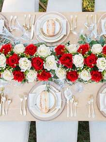 2Pcs Wedding Dining Table Flower Centerpiece Arch Silk Rose Floral Arrangement Table Runner Decorations Royal Blue&White Artificial Rose Floral For Room Kitchen Reception Table Decor Party Birthday,Valentine'S Day,Mother'S Day Gift - 紅白色 - 查看 5