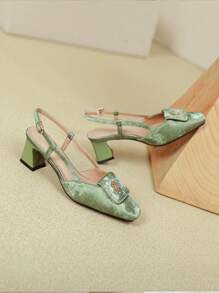 Women's Square Toe Chunky High Heel Backless Shoes, Elegant Silver Narrow Vamp Slim Heeled Sandals Summer Buckle Strap Shoes