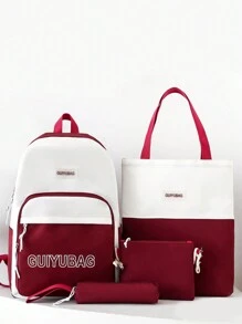 Versatile 4Pcs Backpack Set Including Double Shoulder Bag, Crossbody Bag, Pencil Case, And Study Bag In College Style - Red - View 1