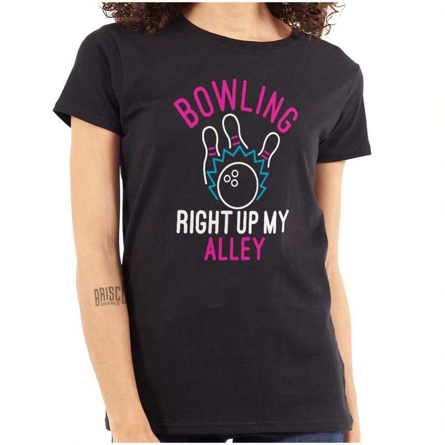 Bowling Womens Fitted Graphic Tee Shirt Right Up My Alley Funny Champion Pun Sarcastic Saying Strike Quote Ladies Casual Slim Fit Fashion Cotton Printed Short Sleeve Crewneck Tshirt - 黑色 - 查看 1