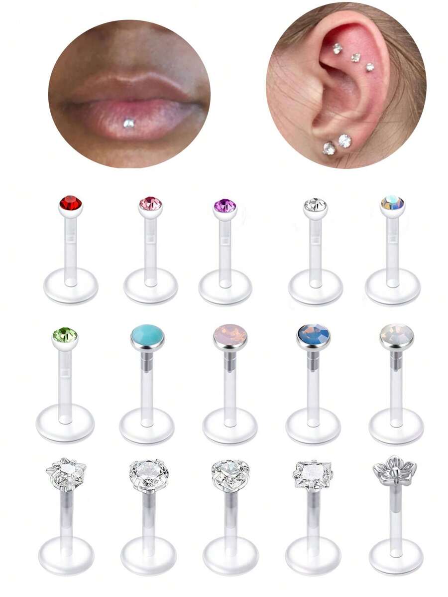 9pcs  Flexible Acrylic Tragus Helix Piercing Earrings Lip Stud Bar 16G Conch Earring Retainer Bioflex Labret Piercing 6mm 8mm