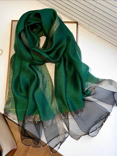 1件女士优雅纯色绿色露珠仿珍珠装饰羊毛真丝混纺披肩围巾，适合夏季旅行，秋冬季保暖装饰。