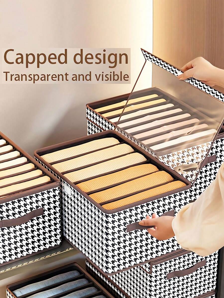 1入組無紡布衣櫥整理收納袋，透明蓋片衣櫥衣服收納盒，輕巧防塵布料衣物收納袋防潮整理衣物收納袋，衣櫃收納拉鍊便攜式組合多功能家居收納和整理臥室衣物收納袋帶手柄的臥室成人和兒童學校教師收納袋 - 黑與白 - 查看 1