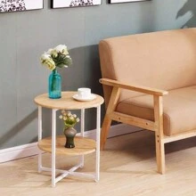 LIVINGANDHOME Living And Home 1 Piece 2 Tiers Modern Small Round Coffee Table,Side Table,Sofa Side Table,Tea Table,Home Storage Table,Nightstand Table,Corner End Table For Living Room,Bedroom,Kitchen,Balcony,Office,Indoor,Outdoor - Natural Oak - View 5