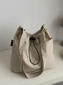 Geantă din material lejeră, de mare capacitate, elegantă, cu închidere cu șnur, curea lată și design de toc pentru școală, navetă și cumpărături