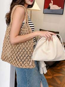 Livesso With Inner Bag New Arrival Hollow Out Shoulder Bags For Women Large Capacity Straw Handbag Totes Vintage Travel Beach Bag Shopping Pack Beach Bag, Perfectly Matching With Vacation Outfits Women - Khaki - View 6