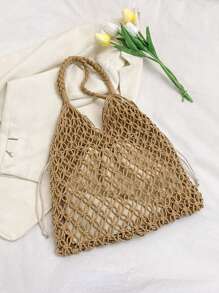 Tropiscape 新款镂空内袋单肩包，大容量草编手提包，复古旅行沙滩包，购物袋，完美搭配度假装束，适合秋季、圣诞节、冬季等各种场合，是理想的圣诞礼物之选。 - 卡其色 - 查看 5