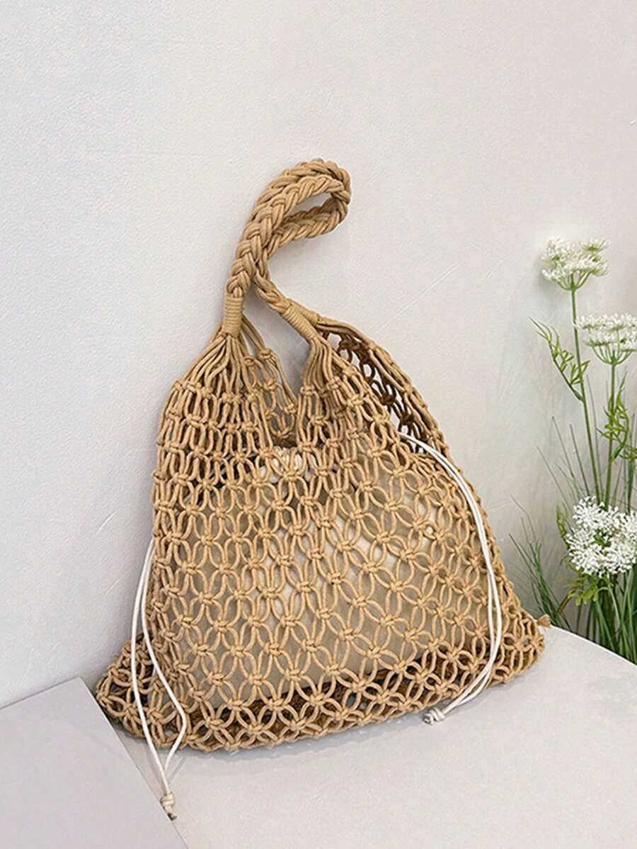 Livesso With Inner Bag New Arrival Hollow Out Shoulder Bags For Women Large Capacity Straw Handbag Totes Vintage Travel Beach Bag Shopping Pack Beach Bag, Perfectly Matching With Vacation Outfits Women - Khaki - View 1