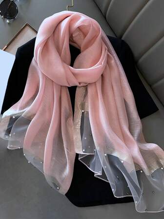 1pc Light Pink Color Faux Pearl Studs & Wool & Mulberry Silk Blended & Shiny Color-Block Design Scarf/Shawl/Wrap, For Women Elegance And Warmth In Summer, Travel, Sun Protection, Autumn/Winter, Great As A Gift For Family, Friends, Girlfriend. Elegant Accessories Women