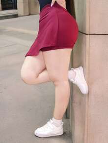 Women's Casual Shorts With Elastic High-Waist Pleats - 寶石紅色裙子短褲 - 查看 3