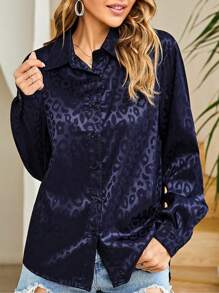 Leopard Stain Button Down Shirts For Women Roll Up Long Sleeve V Neck Casual Work Shirts