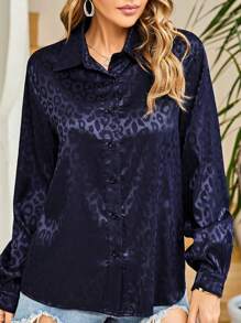 Leopard Stain Button Down Shirts For Women Roll Up Long Sleeve V Neck Casual Work Shirts