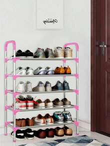5/6 Layer Shoe Rack, Stainless Steel Shoe Rack, Simple Shoe Rack, Shoe Storage Box, Clothing Storage Cabinet, Shoe Rack With Shelf, Coat Rack Storage Cabinet, Clothes And Shoe Rack, Storage Rack, Can Hold 30 -40 Pairs Of Shoes, Suitable For Entrances And Hallways, Bedroom, Living Room - 粉色 - 查看 5