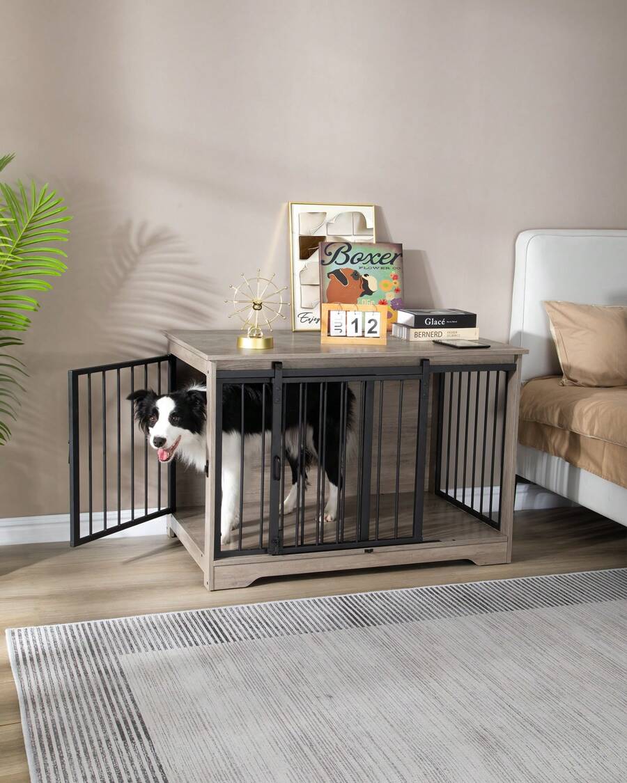 HaluPeit Dog Cage Furniture, Dog Box, 2 Doors, Modern Dog House For Small/Medium/Large Dogs Up To 100 Kg, Side Table, Dog House For Home, 60 X 100 X 68 Cm - Grey - View 1