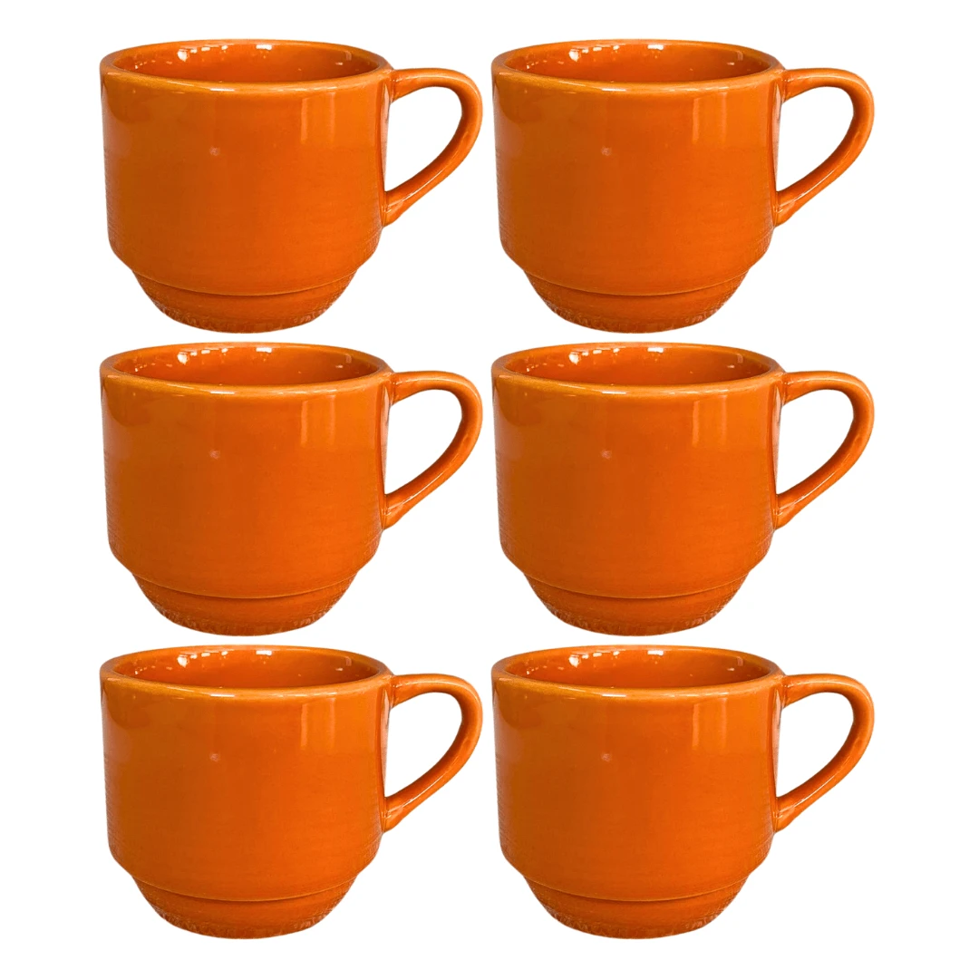 Conjunto Com 6 Xícaras Porcelana Laranja Modelo Hotel Empilháveis 170 Ml - Laranja - Visão 1