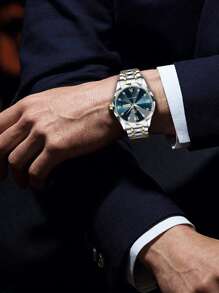 VA VA VOOM Relógio de quartzo masculino, com estilo elegante e luxuoso, com escalas de strass de feng shui, movimento de calendário duplo, com aplicações de aço inoxidável, luz noturna, nas cores azul e dourado, adequado para uso casual, elegante e para negócios, podendo ser utilizado como presente do Dia dos Pais ou para estudantes retornando à escola.