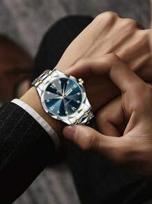 VA VA VOOM Relógio de quartzo masculino, com estilo elegante e luxuoso, com escalas de strass de feng shui, movimento de calendário duplo, com aplicações de aço inoxidável, luz noturna, nas cores azul e dourado, adequado para uso casual, elegante e para negócios, podendo ser utilizado como presente do Dia dos Pais ou para estudantes retornando à escola.