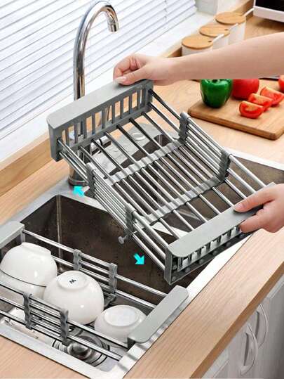 1pc Kitchen Sink Drainer, Stainless Steel Retractable Sink Rack, Dish Tableware Organizer