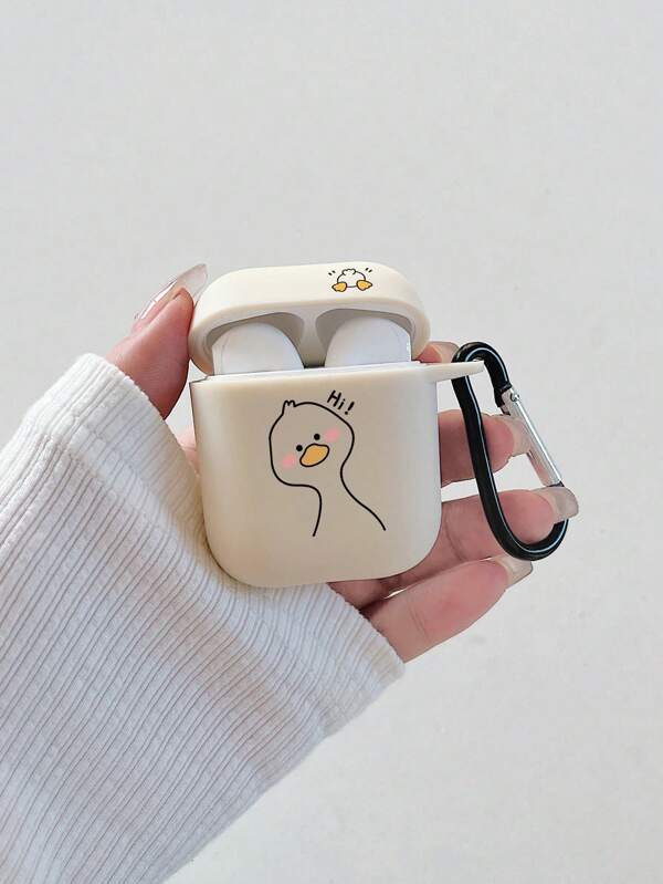 1pc Shy Duck Print Matte White Earphone Case With Black Hook, Compatible With Apple 1/2, Pro, 3, Pro (2nd Generation), 4, Pro 3 (Earphone Case Only, No Earphones Included)