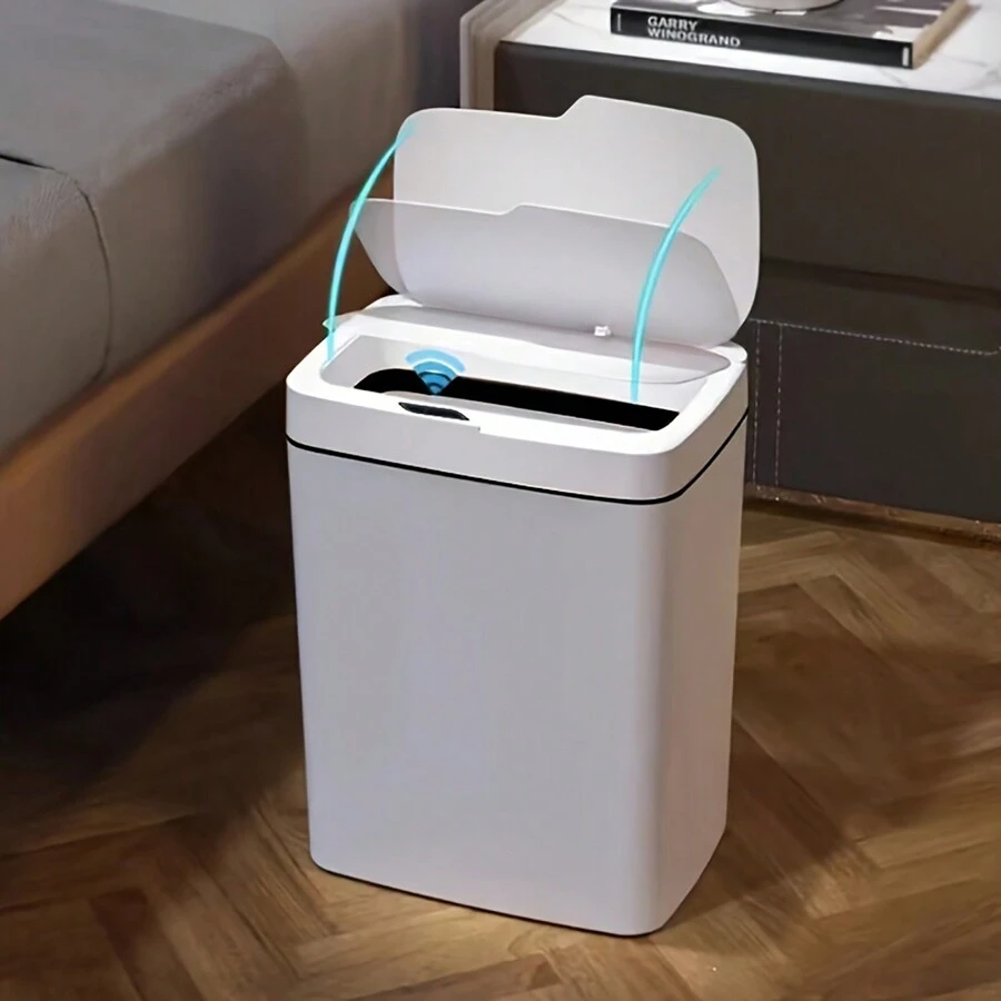 1pc [Battery Operated Single-Mode] 15L Luxurious White Touchless Smart Trash Can, Automatic Compacting Waste Bin For Bathroom Narrow Spaces [Battery Not Included] - White - View 1