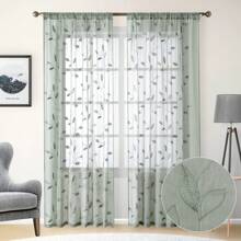 2pcs Sage Green Sheer Curtains With Embroidery Leaf Pattern,Rod Pocket Faux Linen Floral Semi Curtains Voile Window Curtains Kitchen Curtains,Drapes For Bedroom Living Room - Green - View 1