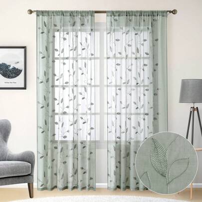 2pcs Sage Green Sheer Curtains With Embroidery Leaf Pattern,Rod Pocket Faux Linen Floral Semi Curtains Voile Window Curtains Kitchen Curtains,Drapes For Bedroom Living Room