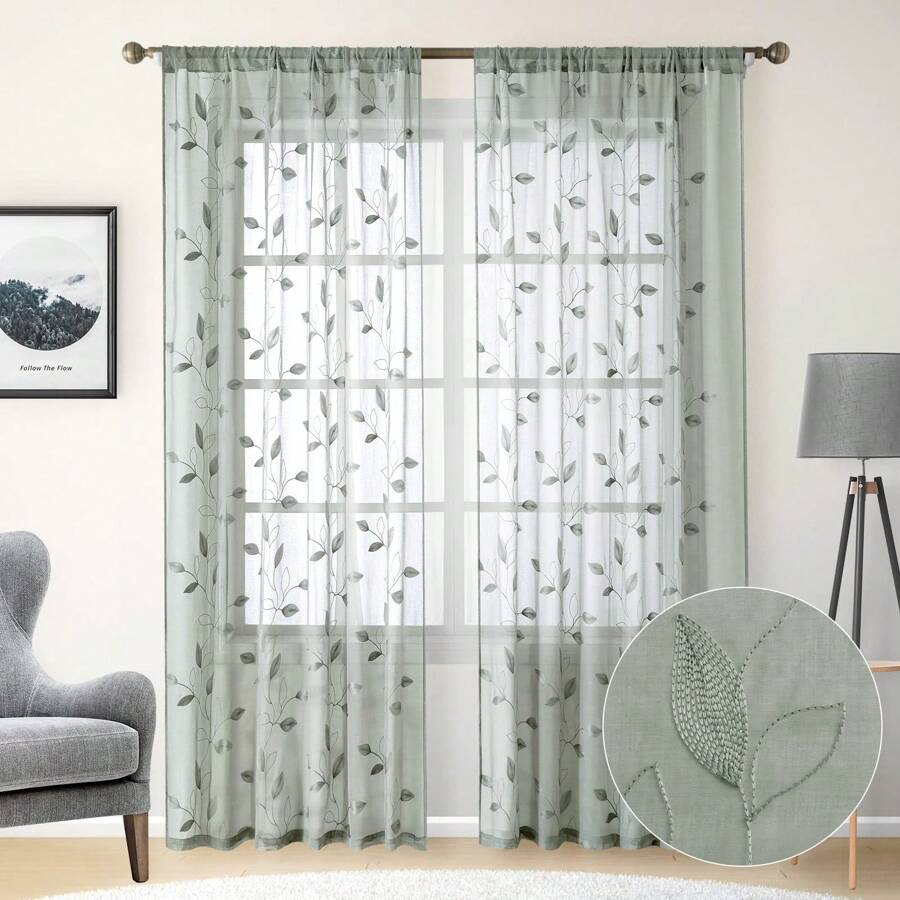 2pcs Sage Green Sheer Curtains With Embroidery Leaf Pattern,Rod Pocket Faux Linen Floral Semi Curtains Voile Window Curtains Kitchen Curtains,Drapes For Bedroom Living Room - Green - View 1