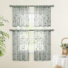 2pcs Sage Green Sheer Curtains With Embroidery Leaf Pattern,Rod Pocket Faux Linen Floral Semi Curtains Voile Window Curtains Kitchen Curtains,Drapes For Bedroom Living Room - Green - View 9