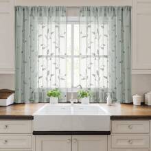 2pcs Sage Green Sheer Curtains With Embroidery Leaf Pattern,Rod Pocket Faux Linen Floral Semi Curtains Voile Window Curtains Kitchen Curtains,Drapes For Bedroom Living Room - Green - View 11