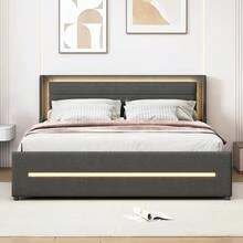 Cama tapizada de 160*200 cm con iluminación LED que cambia de color, con cuatro compartimentos de almacenamiento, tejido de lino, cama doble con somier, gris (colchón no incluido) - Gris - Ver 4