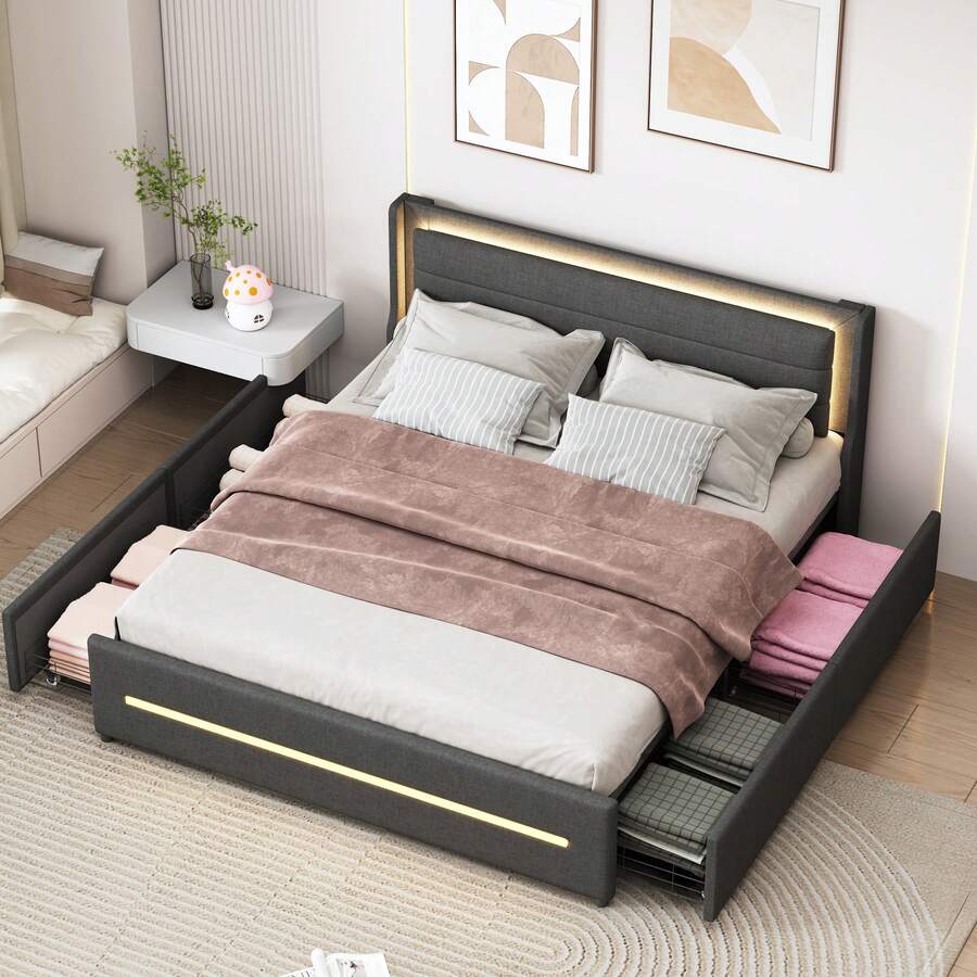 Cama tapizada de 160*200 cm con iluminación LED que cambia de color, con cuatro compartimentos de almacenamiento, tejido de lino, cama doble con somier, gris (colchón no incluido) - Gris - Ver 1