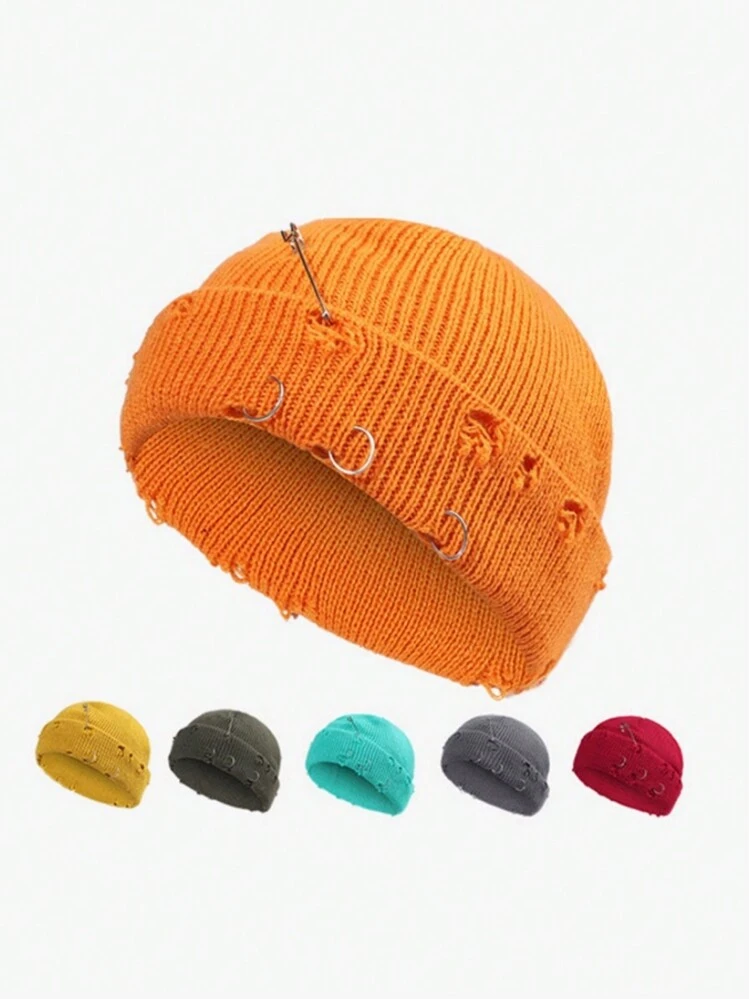 Ripped Fisherman Beanie Hip Hop Candy Color Unisex Knit Hats Pin