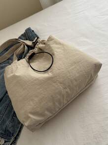 Geantă din material lejeră, de mare capacitate, elegantă, cu închidere cu șnur, curea lată și design de toc pentru școală, navetă și cumpărături