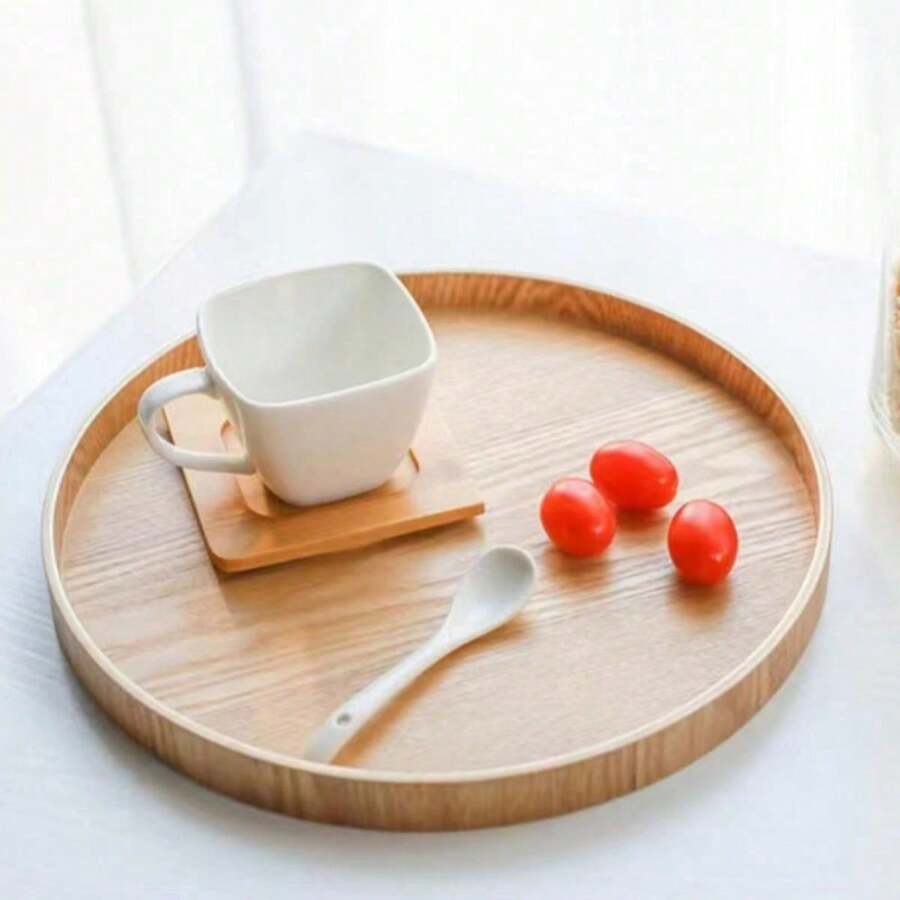 1pc Natural Wood Color Wooden Tray, Round Tray For Living Room Decoration, Jewelry & Snack Storage, Tea Serving Tray, Suitable For Daily Use - Wood Color - View 1