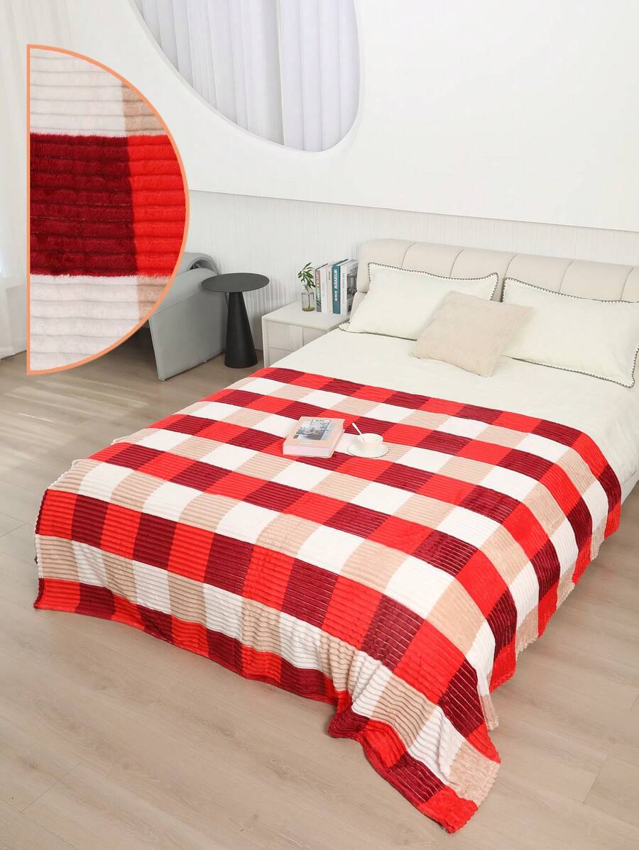 Soft Striped Double Blanket With Colorful Checkered Print - Dutch Bordeaux Red - View 1