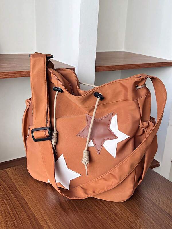 New Spring Summer Solid Color Nylon Fabric Five-Pointed Star Decor Large Capacity Tote Bag For Women, Shoulder & Crossbody Bag For Students, Stars Hollow Women Bag