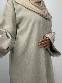 1pc Women Elegant Long Abaya Robe, Handmade Embroidered Modest Dress, Versatile Linen Outfit For Festive & Casual Wear - Taro Color - View 5