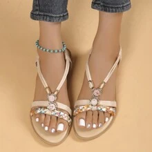 Damskie modne, tkane sandały na płaskim obcasie z kwiatowym wzorem - Szampan - Zobacz 2