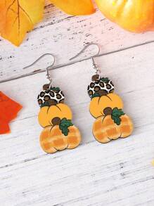 Cercei de Halloween/Ziua Recunoștinței/Recolta pentru femei, cu flori de leopard, dovleac, accesorii vintage pentru urechi din lemn cu două fețe, cadou de petrecere