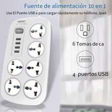MOREKA Regleta Multicontactos Extensión De 4 Puertos Usb Y 6 Tomas - Blanco - Ver 6