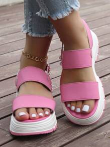 Thick Sole Sandals, Fairy-Style Platform Chunky Heels, Peep Toe High Heeled Shoes, Large Size Women's Summer New Arrival Strap Buckle Retro Platform Wedge Casual Sports Sandals - Pink - View 3