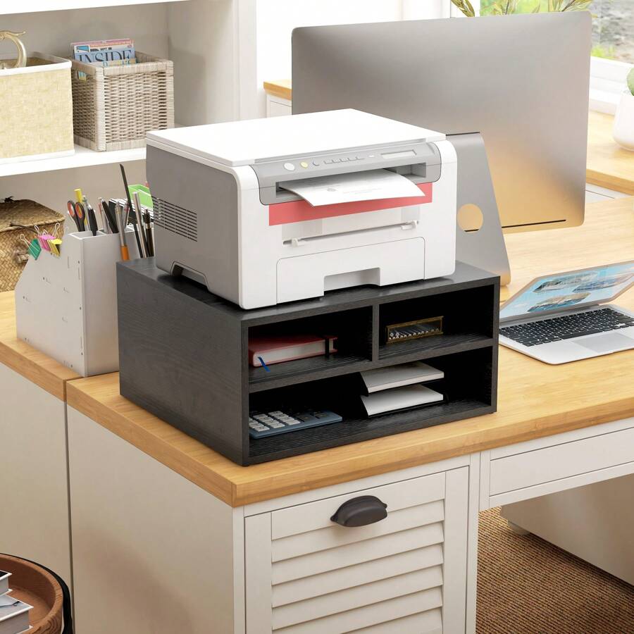 HOMCOM Desktop Printer Stand With Storage, 2-Tier Desk Organizer With 3 Open Compartments For Home Office - Black - View 1